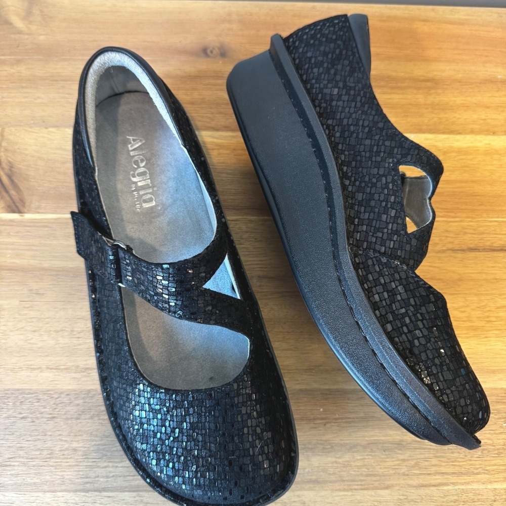 Alegria Dayna Women 39 Black Textured Leather Mary Jane Rocker Shoes DAY-765